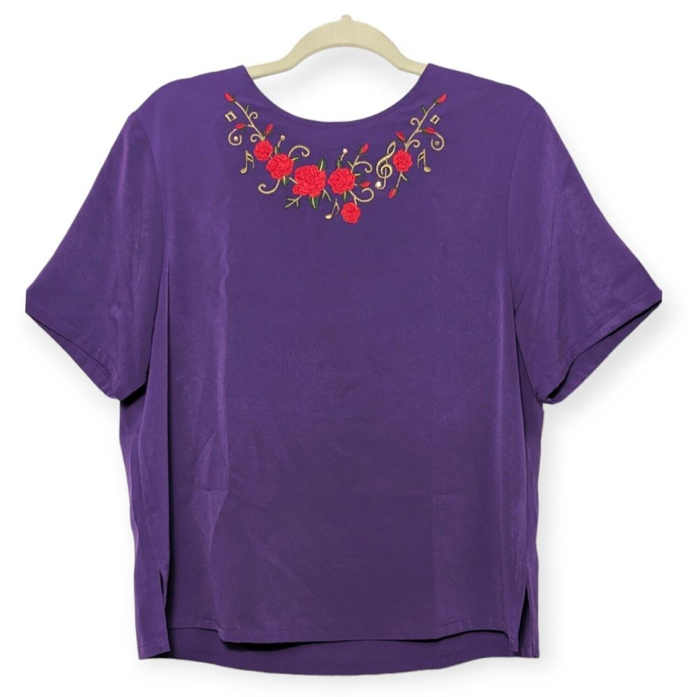 Bon Worth Purple Musical Notes Roses Embroidery Neckline Keyhole Women's Top
